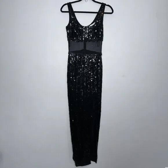 Cache Women’s Full Sequin Maxi Dress Thigh Slit Black Prom Vintage Y2K Size 2 - Picture 1 of 6